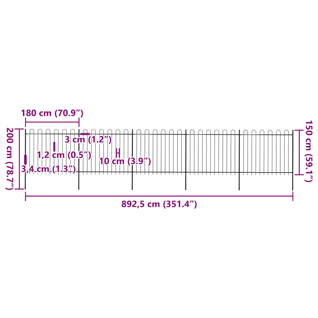 vidaXL Clôture de jardin avec arche en acier 892,5 x 150 cm Noir