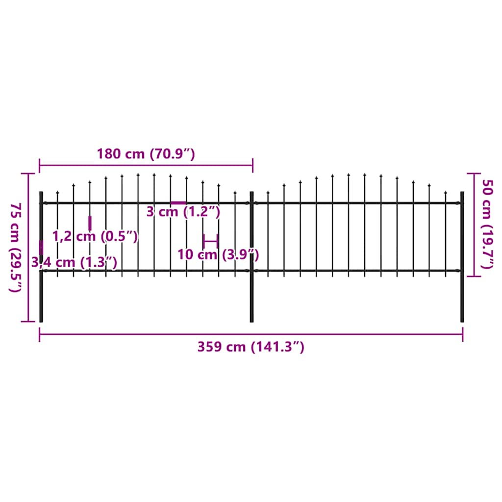 vidaXL Clôture de jardin en acier à lances (0,5 - 0,75) x 3,4 m Noir