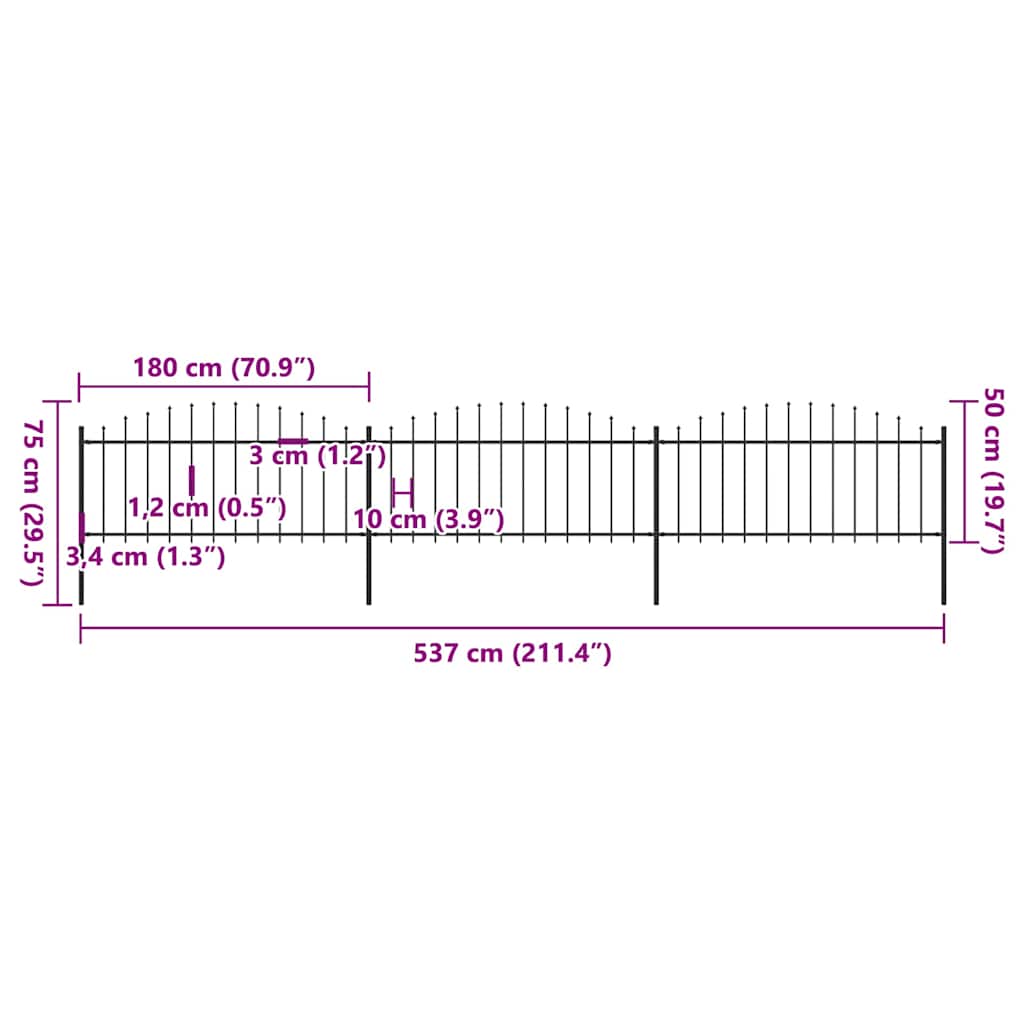vidaXL Clôture de jardin avec fers de lance Acier 537 x 75 cm Noir