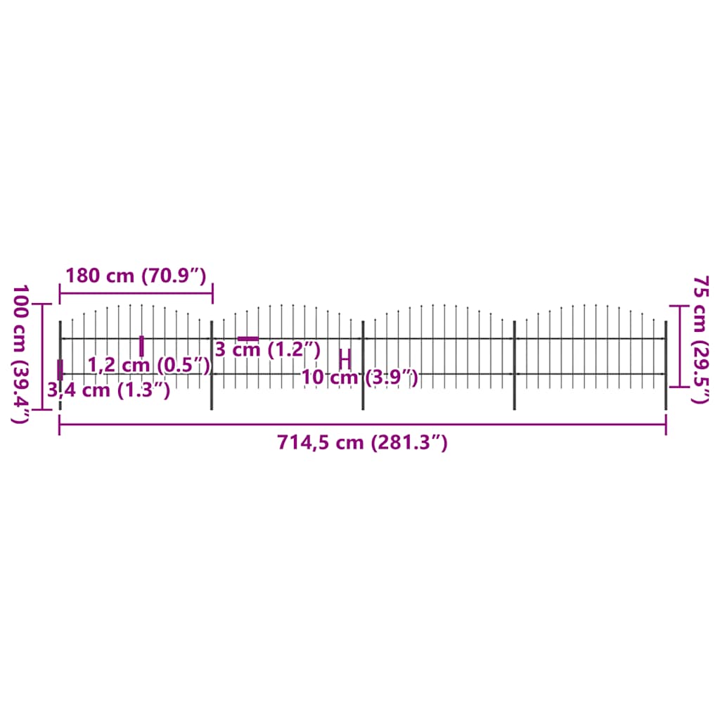 vidaXL Clôture de jardin avec lance en acier 714,5 x 100 cm Noir