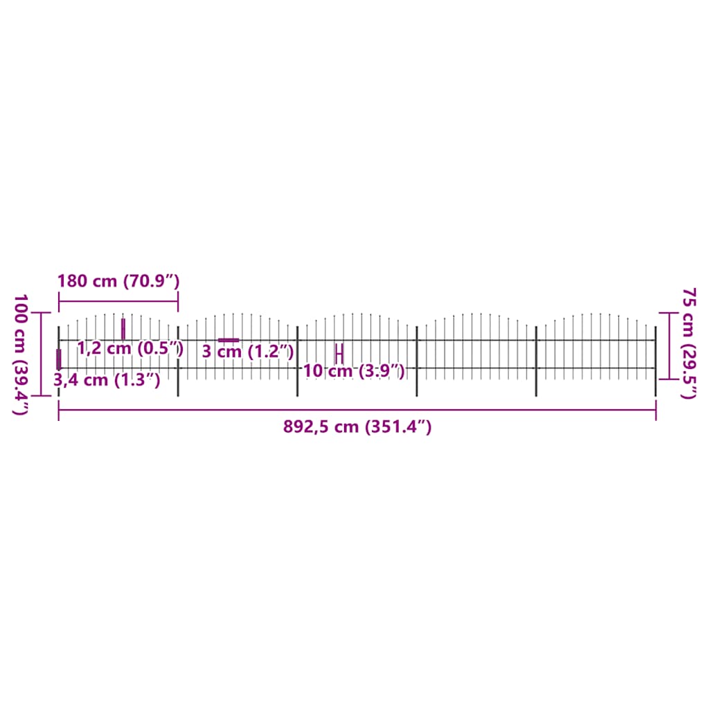 vidaXL Clôture de jardin avec fers de lance Acier 892,5 x 100 cm Noir