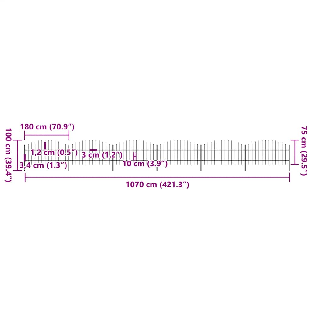 vidaXL Clôture de jardin avec lance en acier 1070 x 100 cm noir