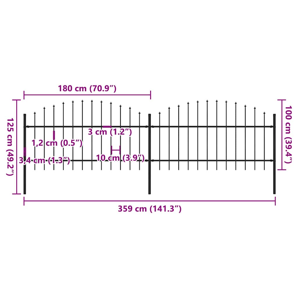 vidaXL Clôture de jardin avec lance en acier 359 x 125 cm Noir