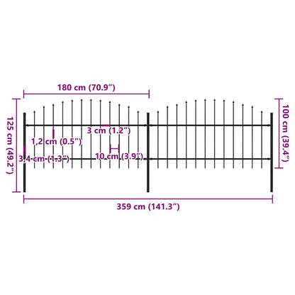 vidaXL Clôture de jardin avec lance en acier 359 x 125 cm Noir
