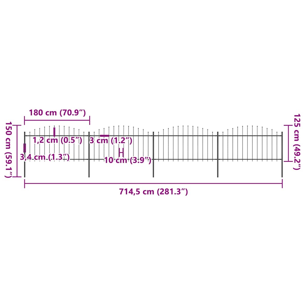 vidaXL Gartenzaun mit Speerspitze Stahl 714,5 x 150 cm Schwarz