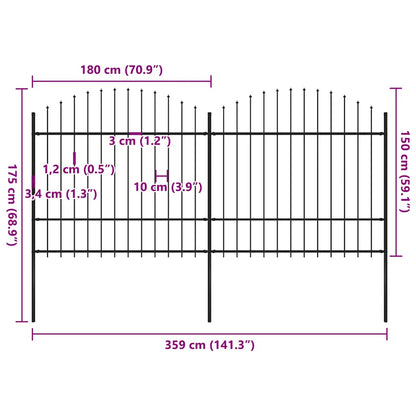 vidaXL Gartenzaun mit Speerspitze Stahl 359 x 175 cm Schwarz