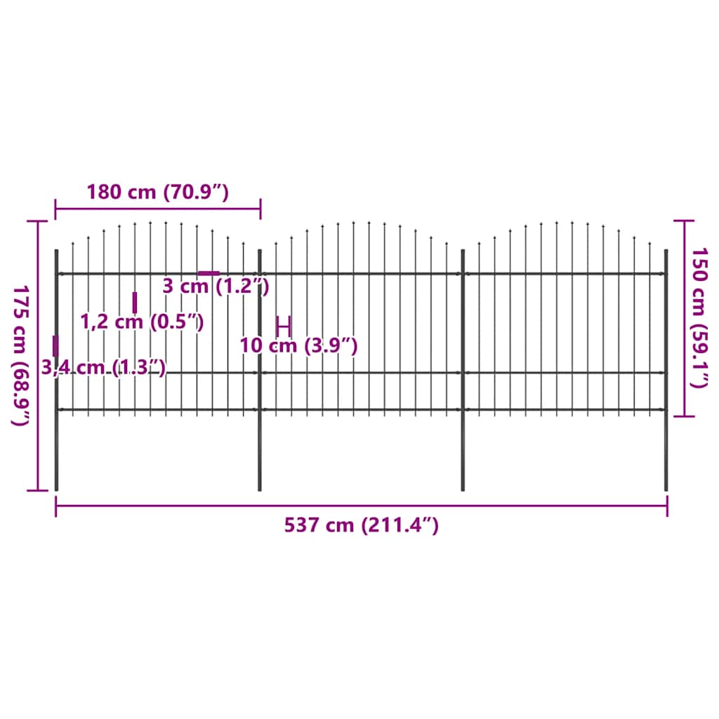 vidaXL Gartenzaun mit Speerspitze Stahl 537 x 175 cm Schwarz