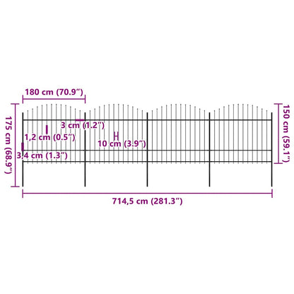 vidaXL Gartenzaun mit Speerspitze Stahl 714,5 x 175 cm Schwarz
