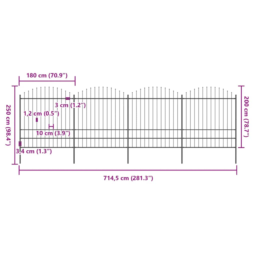 vidaXL Gartenzaun mit Speerspitze Stahl 714,5 x 200 cm Schwarz