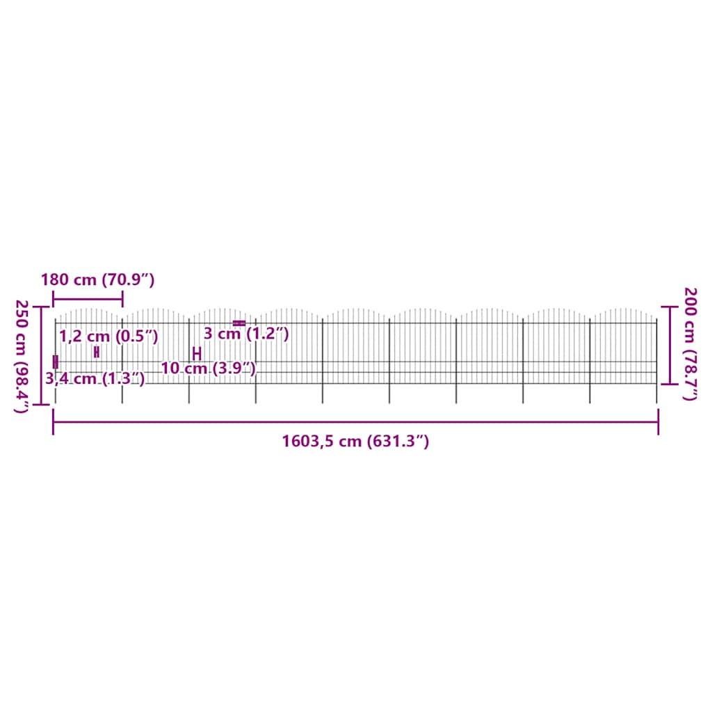 vidaXL Gartenzaun mit Speerspitze Stahl 1781,5 x 200 cm Schwarz