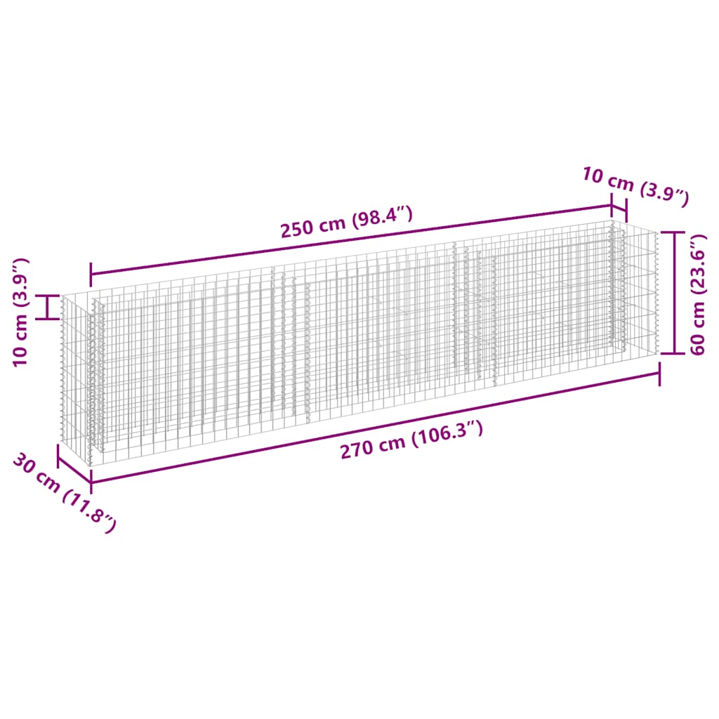 vidaXL Gabionen-Hochbeet Verzinkter Stahl 270×30×60 cm