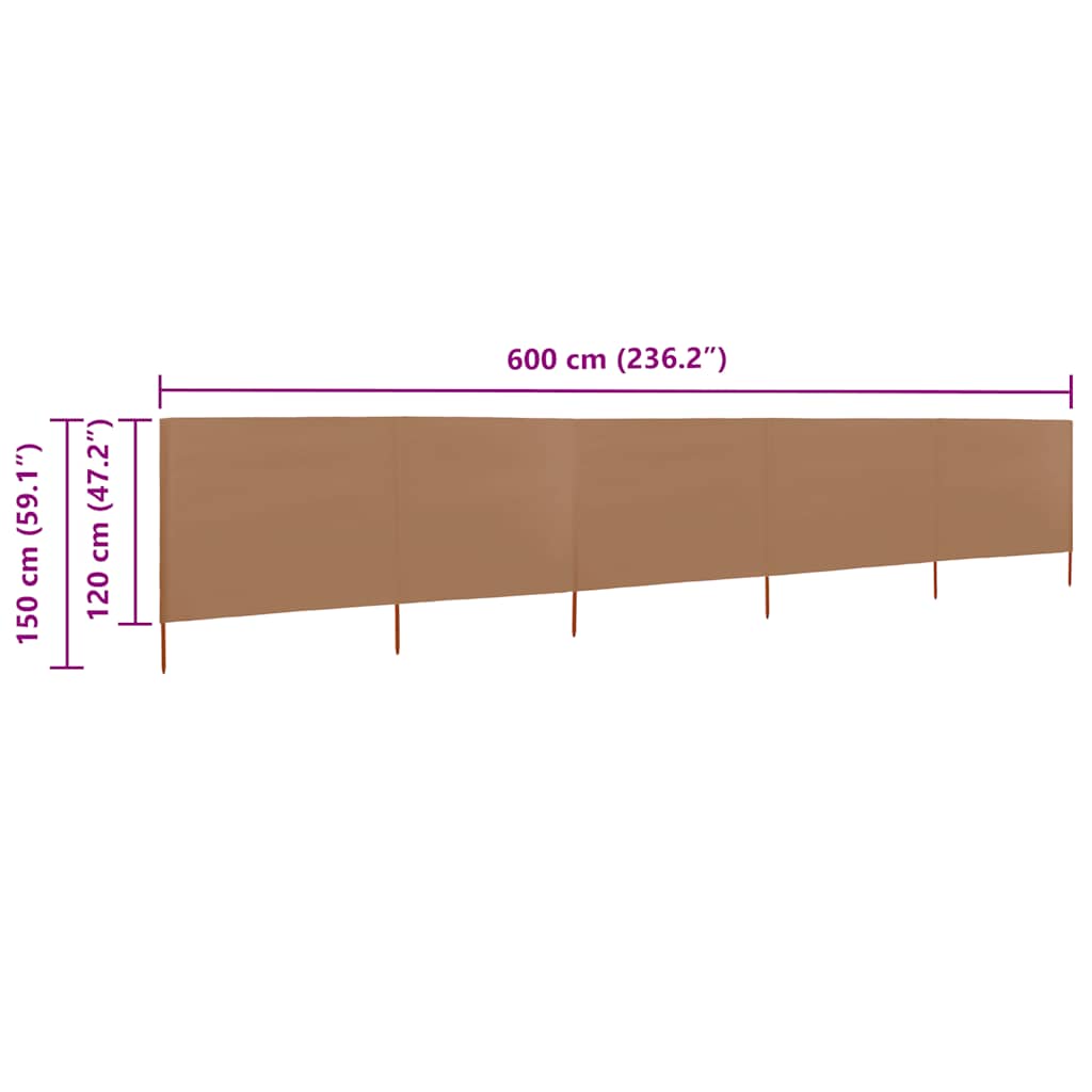 vidaXL 5-teiliges Windschutzgewebe 600 x 120 cm Taupe