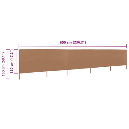 vidaXL 5-teiliges Windschutzgewebe 600 x 120 cm Taupe