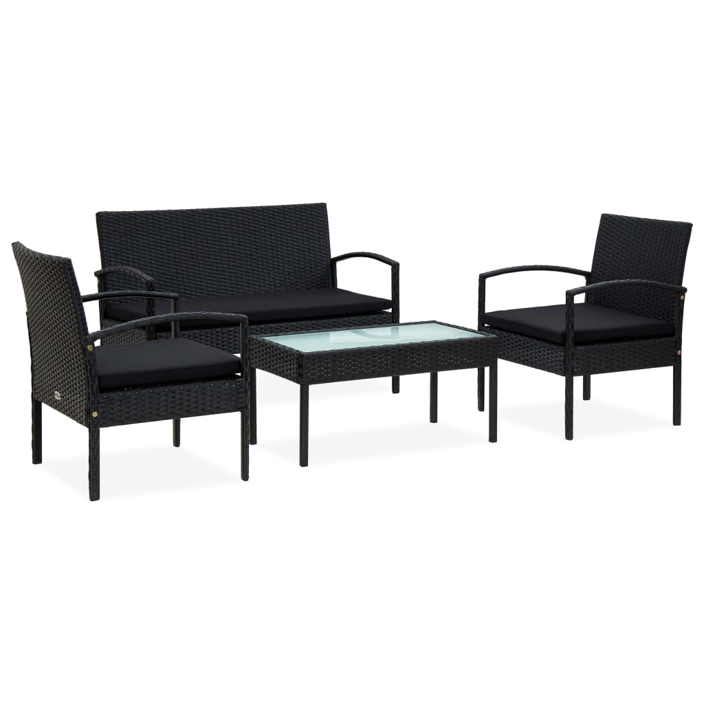4-tlg. Garten-Lounge-Set mit Auflagen Poly Rattan Schwarz