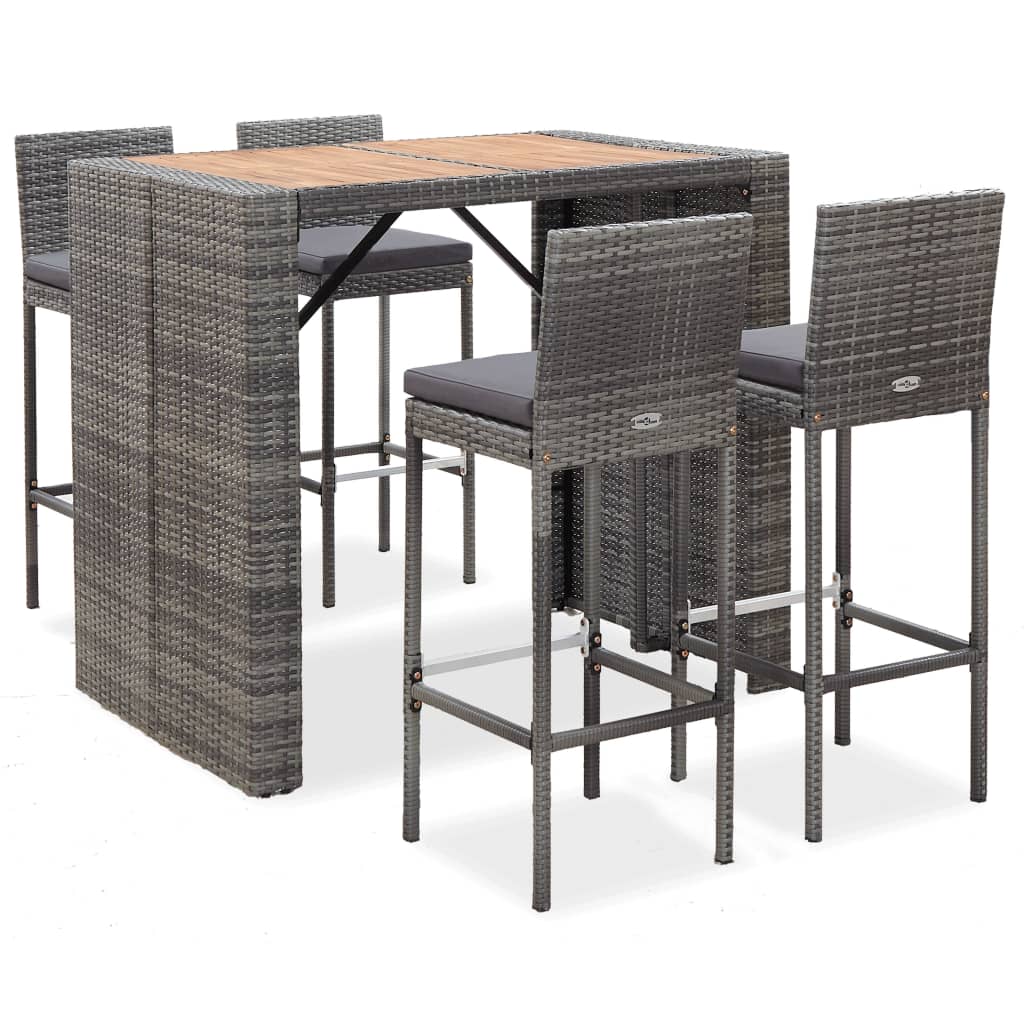 vidaXL 5-tlg. Garten-Bar-Set Poly Rattan und Akazienholz Grau