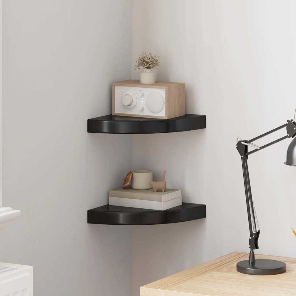 Eck-Schweberegale 2 Stk. Hochglanz-Schwarz 25x25x3,8 cm MDF