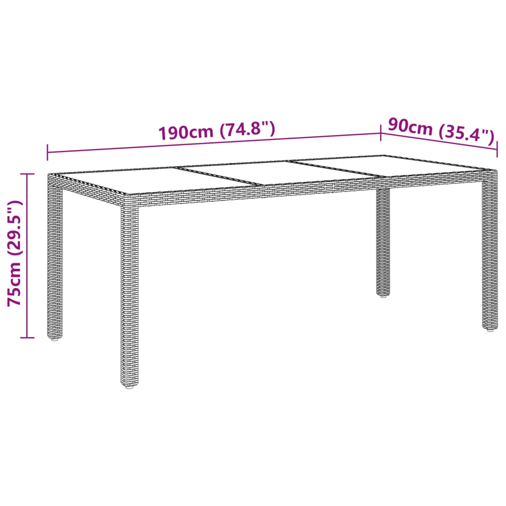 vidaXL Table de jardin 190x90x75 cm en verre trempé et résine tressée beige