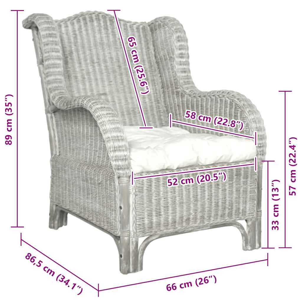 vidaXL Sessel mit Kissen Grau Natürliches Rattan und Leinen