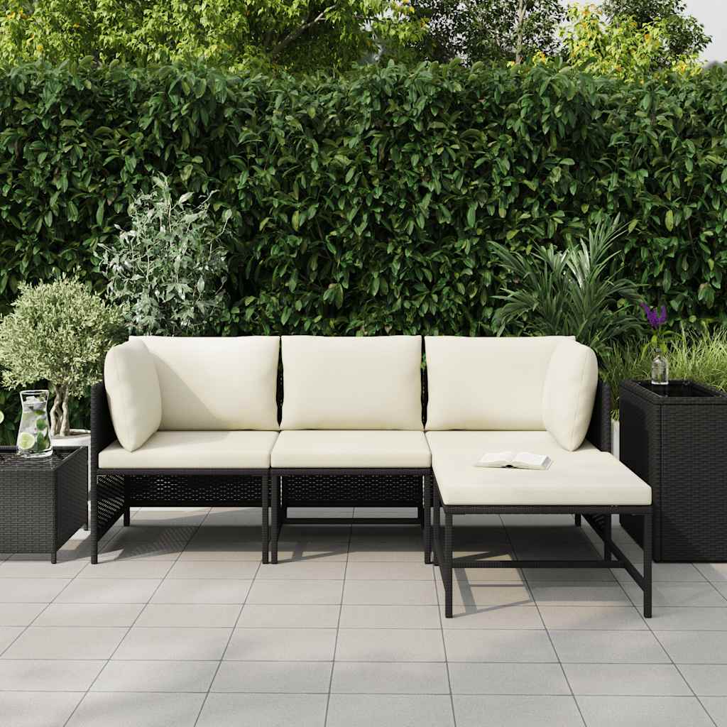 vidaXL 4-tlg. Garten-Sofagarnitur mit Auflagen Schwarz Poly Rattan
