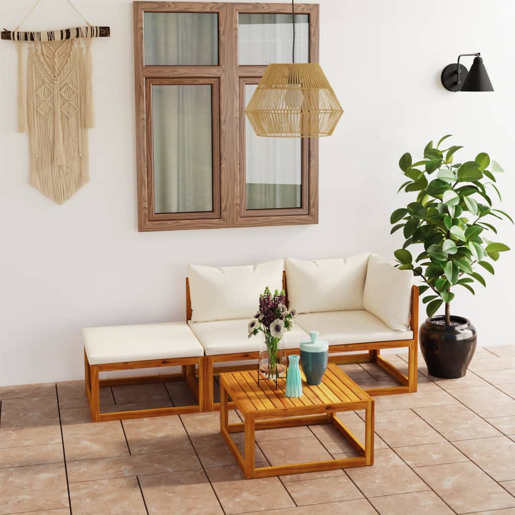 vidaXL Salon de jardin 4 pièces avec coussins Crème Bois d'acacia massif