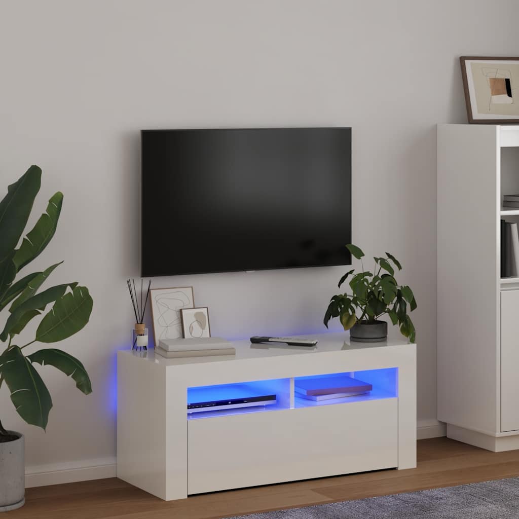 Meuble TV vidaXL avec lumières LED blanc brillant 90x35x40 cm