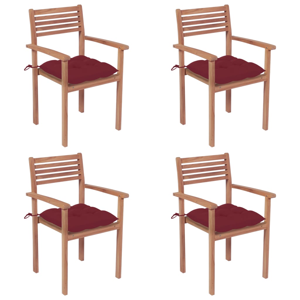 vidaXL Gartenstühle 4 Stk. mit Weinroten Kissen Massivholz Teak