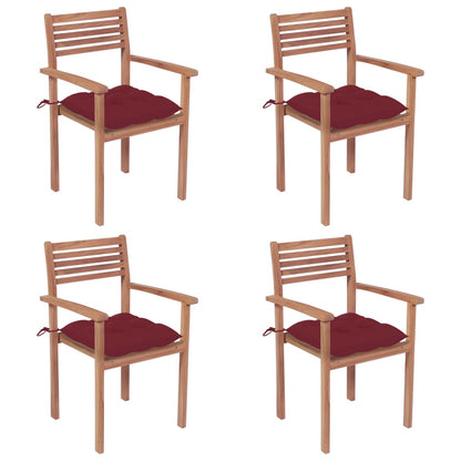 vidaXL Gartenstühle 4 Stk. mit Weinroten Kissen Massivholz Teak