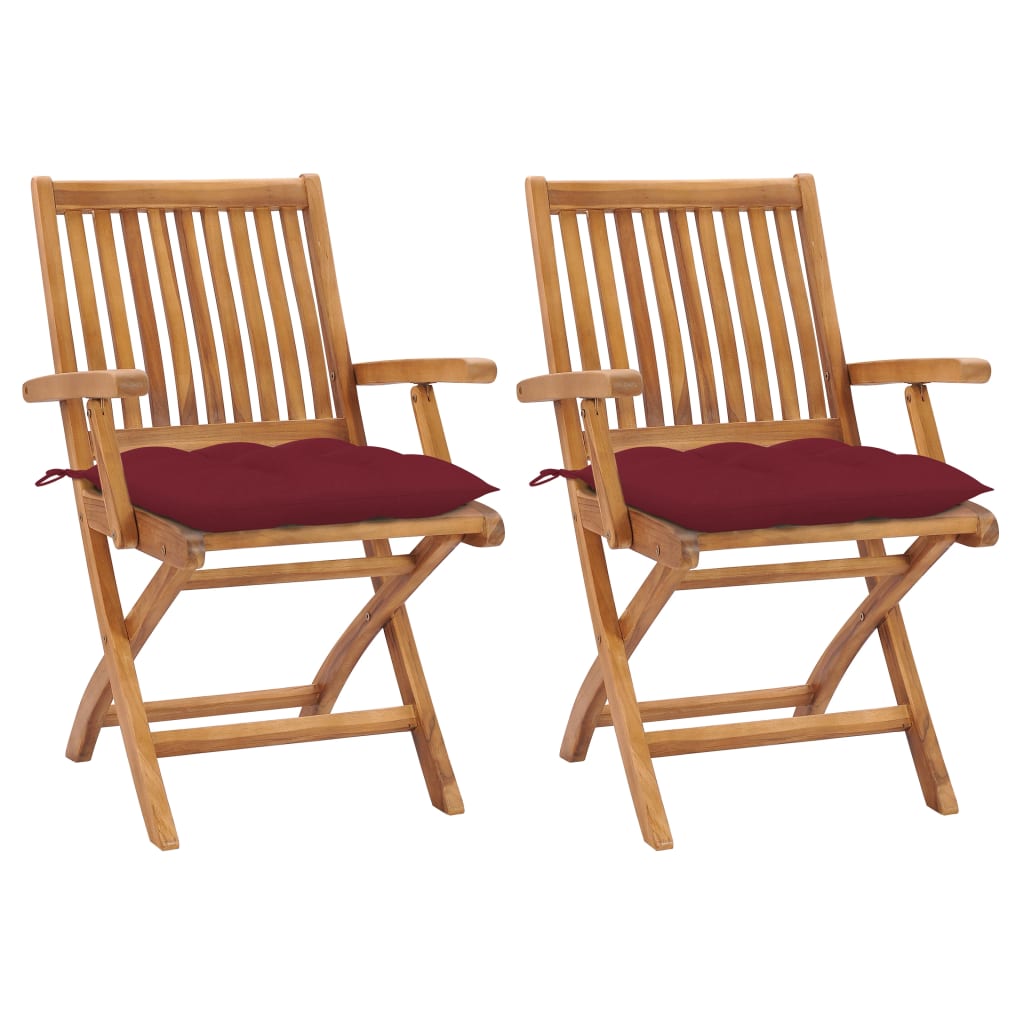 vidaXL Gartenstühle 2 Stk. mit Weinroten Kissen Massivholz Teak