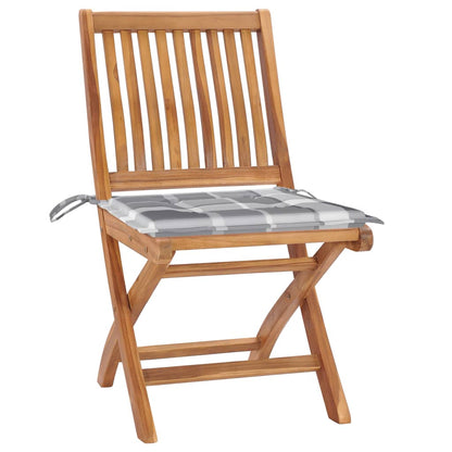 vidaXL Gartenstühle 2 Stk. Graue Karomuster-Kissen Massivholz Teak