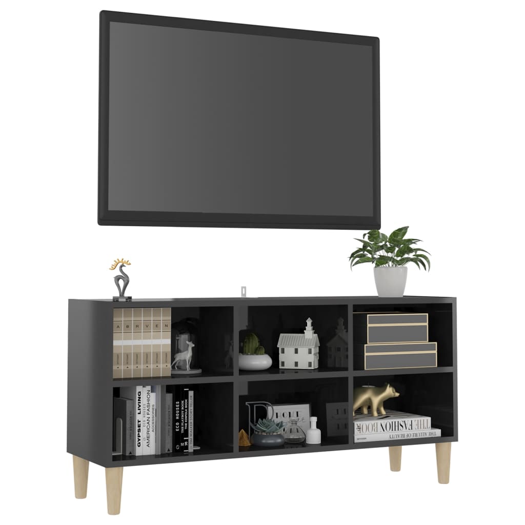 Meuble TV vidaXL avec pieds en bois massif Gris brillant 103,5x30x50 cm
