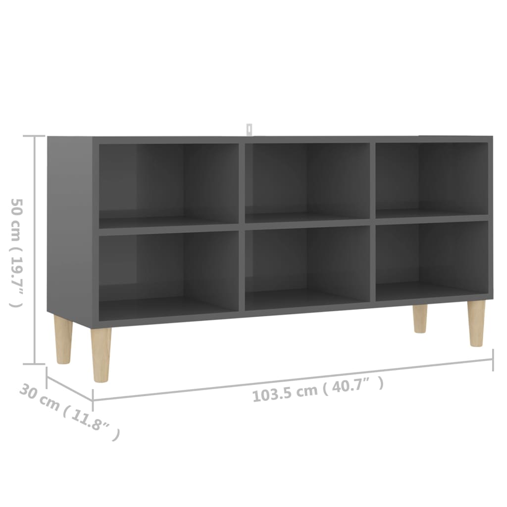 Meuble TV vidaXL avec pieds en bois massif Gris brillant 103,5x30x50 cm