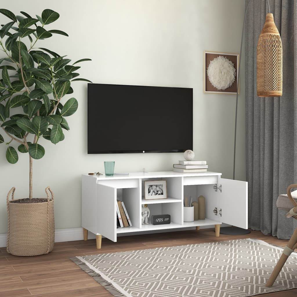 vidaXL Meuble TV avec pieds en bois massif Blanc 103,5x30x50 cm