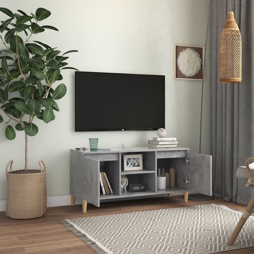 Meuble TV vidaXL avec pieds en bois massif Gris béton 103,5x35x50 cm