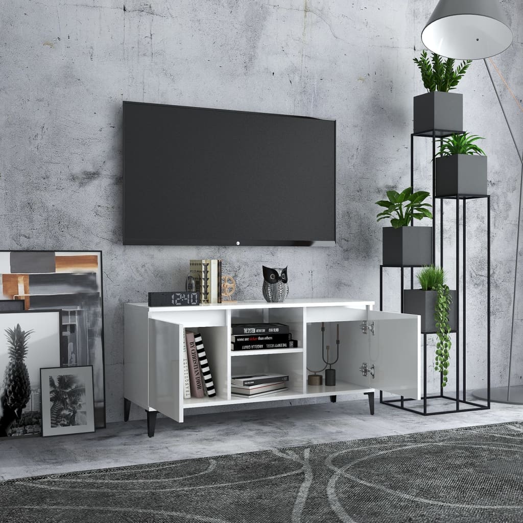 vidaXL TV-Schrank mit Metallbeinen Hochglanz-Weiß 103,5x35x50 cm