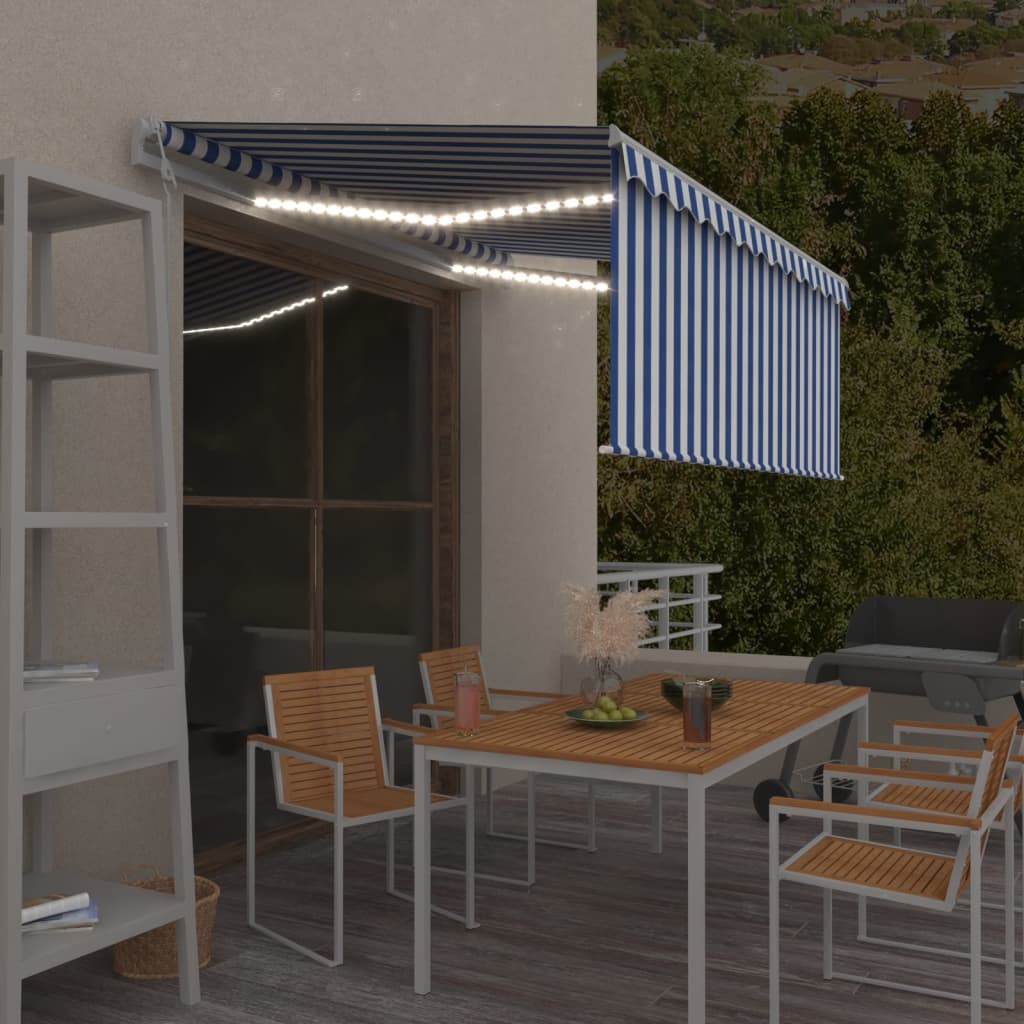 vidaXL Store banne motorisé avec store enrouleur LED et capteur de vent 3x2,5 m bleu et blanc