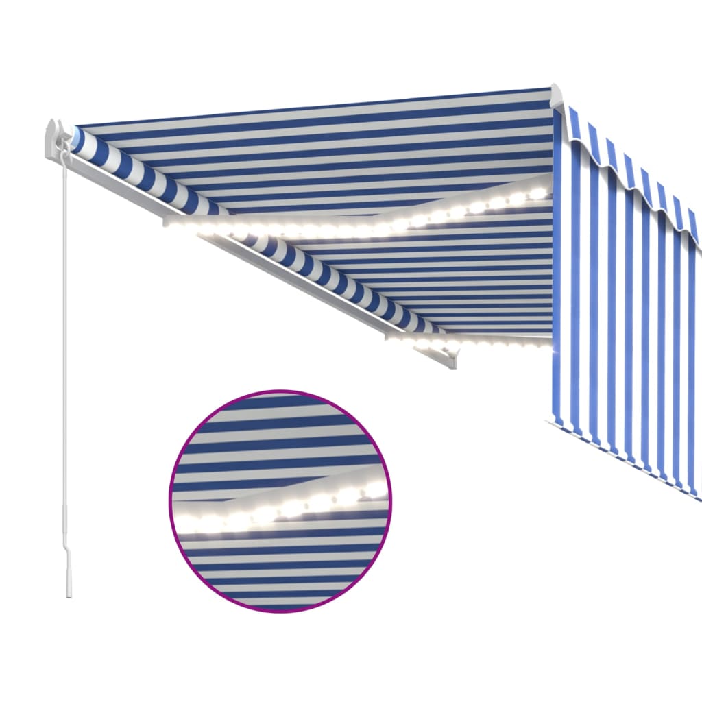 vidaXL Auvent manuel rétractable avec LED et store 3,5x2,5m bleu et blanc