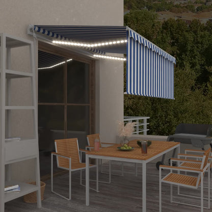 vidaXL Auvent automatique avec lambrequin, LED, capteur de vent, 3,5x2,5 m, bleu et blanc