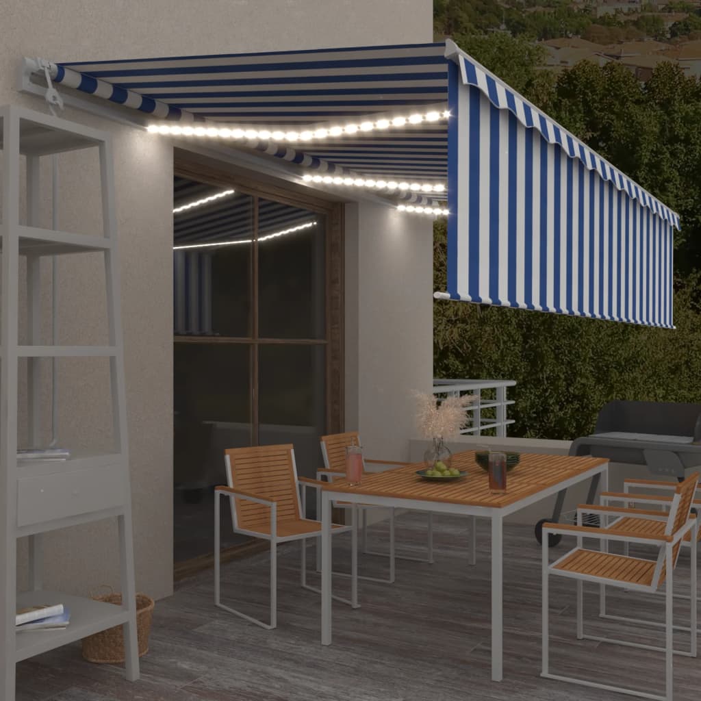 vidaXL Store banne automatique avec lambrequin LED et capteur de vent 6x3 m Bleu et blanc
