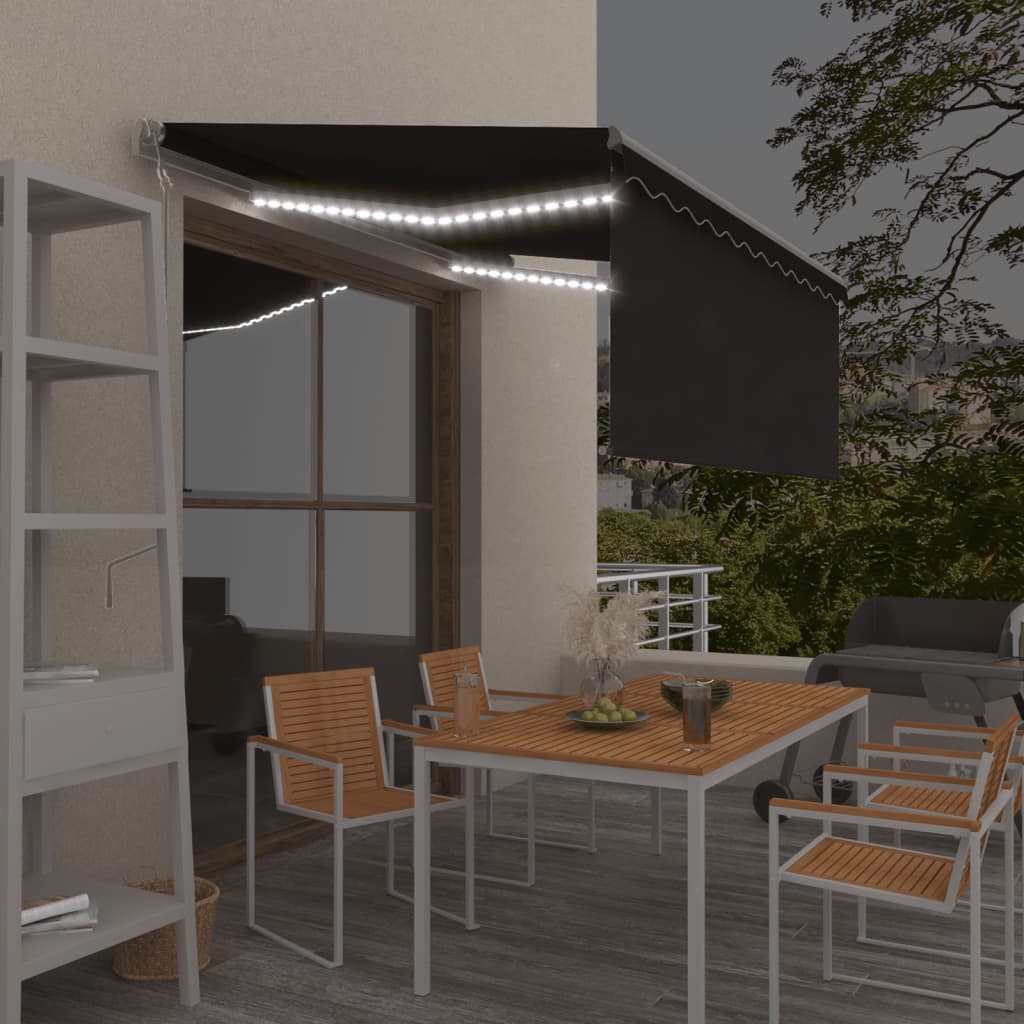 vidaXL Store banne automatique avec lambrequin et LED, capteur de vent, 3x2,5 m, anthracite
