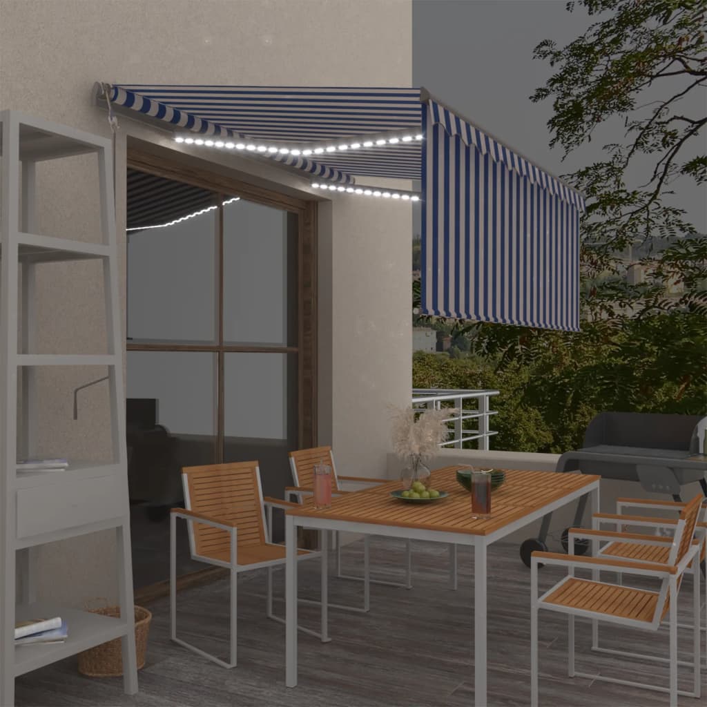 vidaXL Auvent automatique avec lambrequin, LED, capteur de vent, 3,5x2,5 m, bleu et blanc