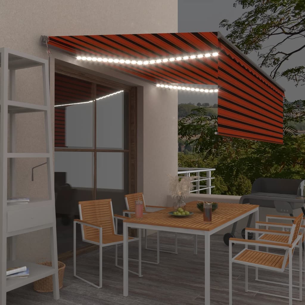 Store banne motorisé vidaXL avec store déroulant LED et capteur de vent 4x3 m orange et marron