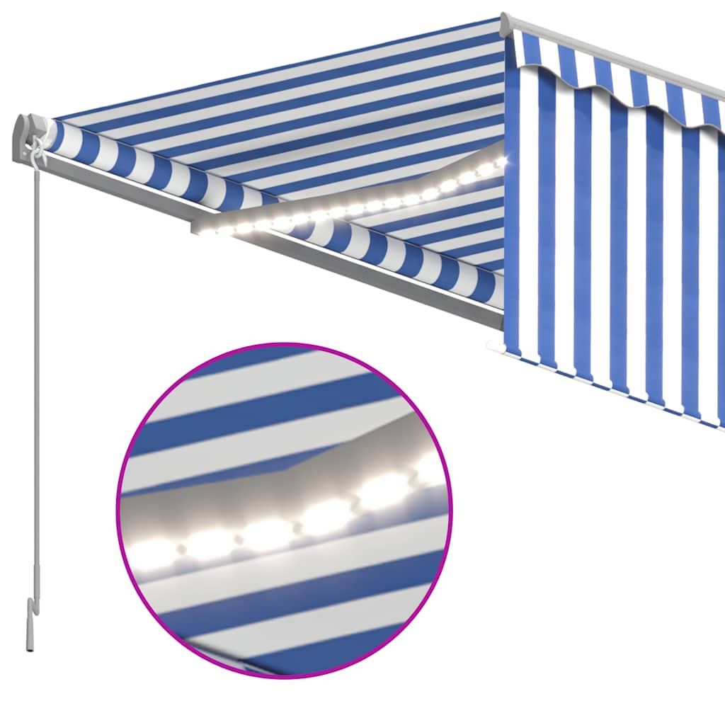 vidaXL Auvent manuel rétractable avec store et LED 4,5x3 m Bleu et blanc