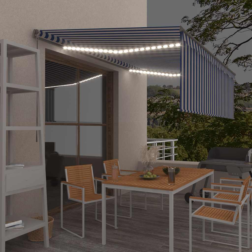 vidaXL Auvent manuel rétractable avec store et LED 4,5x3 m Bleu et blanc