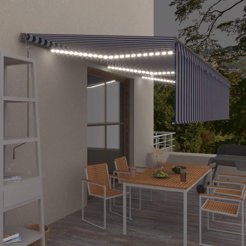 vidaXL Store banne automatique avec lambrequin LED et capteur de vent 6x3 m Bleu et blanc