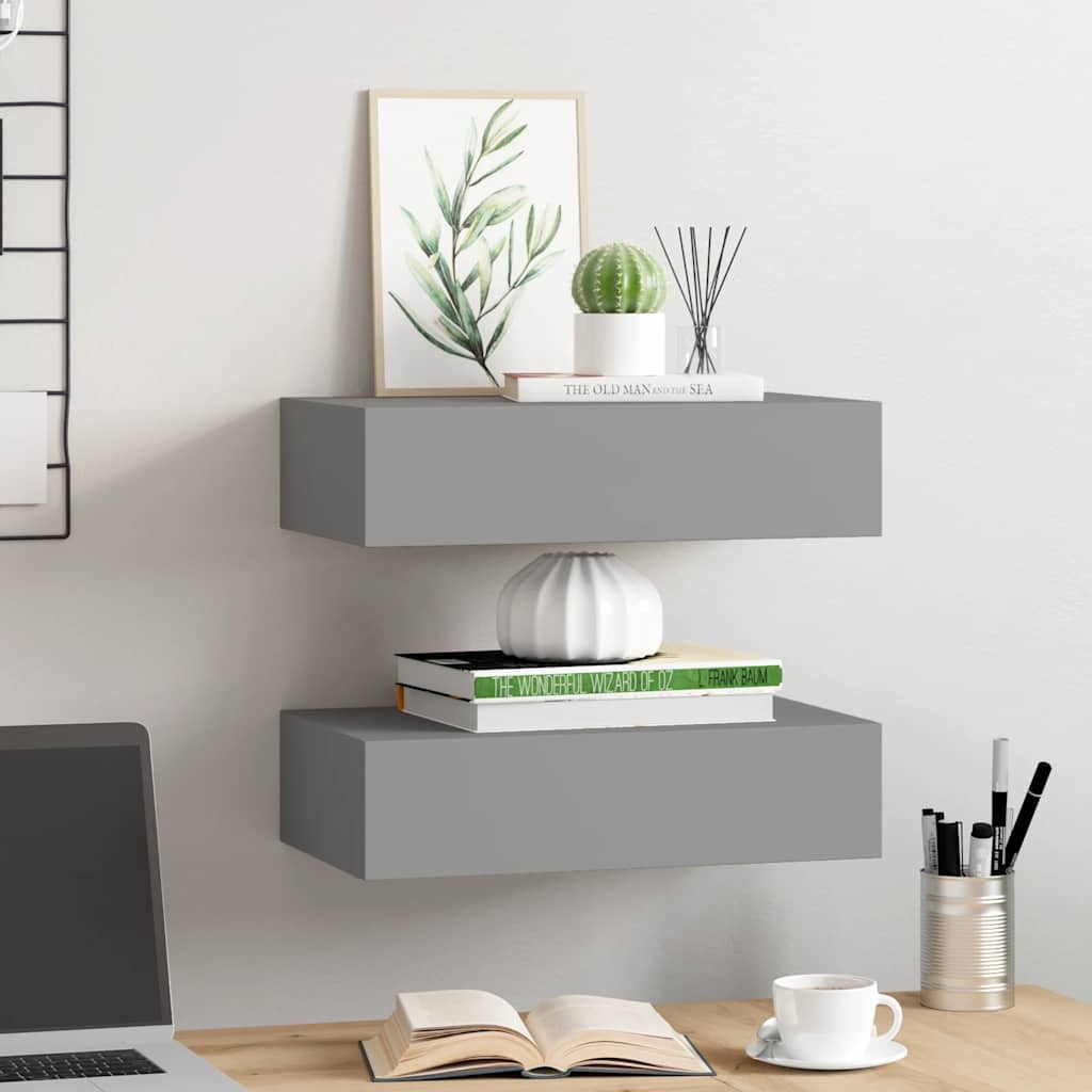 vidaXL Étagères murales avec tiroirs 2 pcs Gris 40x23,5x10 cm MDF