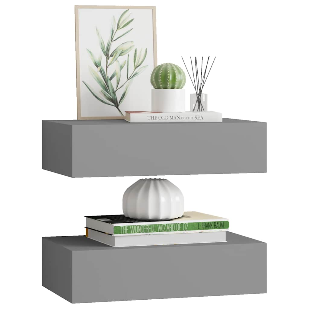 vidaXL Étagères murales avec tiroirs 2 pcs Gris 40x23,5x10 cm MDF