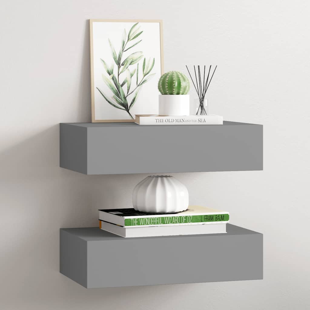 vidaXL Étagères murales avec tiroirs 2 pcs Gris 40x23,5x10 cm MDF