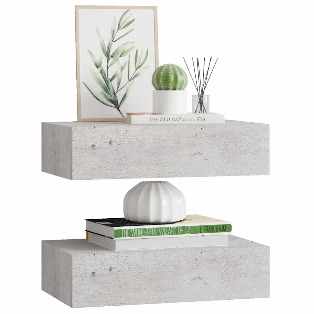 vidaXL Étagères murales avec tiroirs 2 pcs Gris béton 40x23,5x10 cm MDF