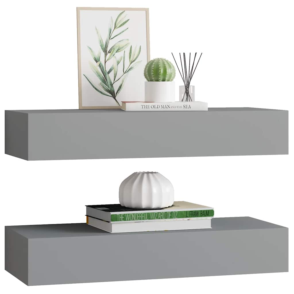 vidaXL Wandregale mit Schubladen 2 Stk. Grau 60x23,5x10 cm MDF