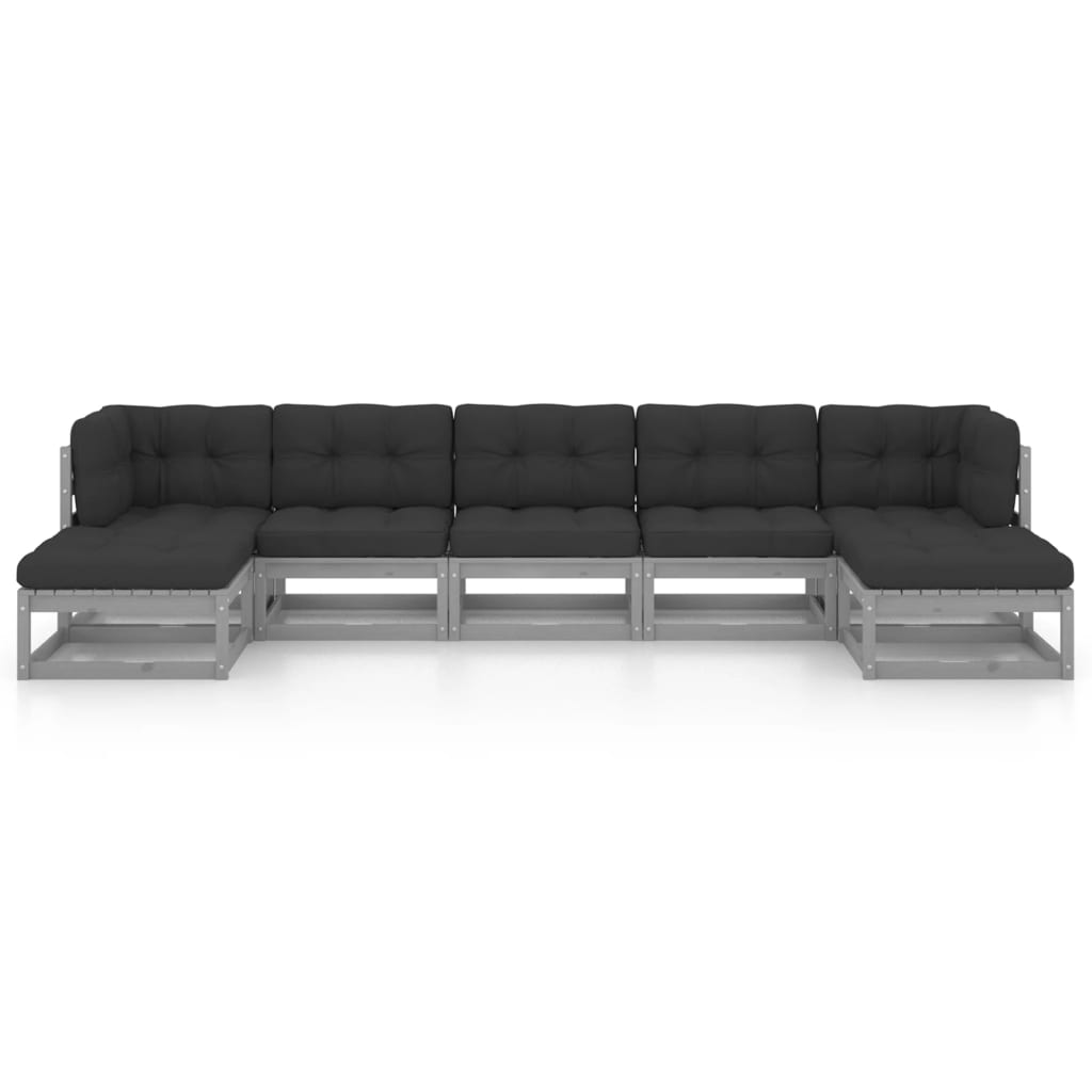 vidaXL 7-tlg. Garten-Lounge-Set mit Kissen Grau Massivholz Kiefer